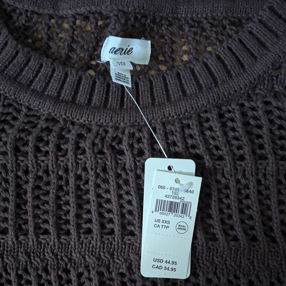 Aerie Crochet Oversized Short Sleeve Sweater - Deep Earth - Brown - size XXS - Picture 2 of 3